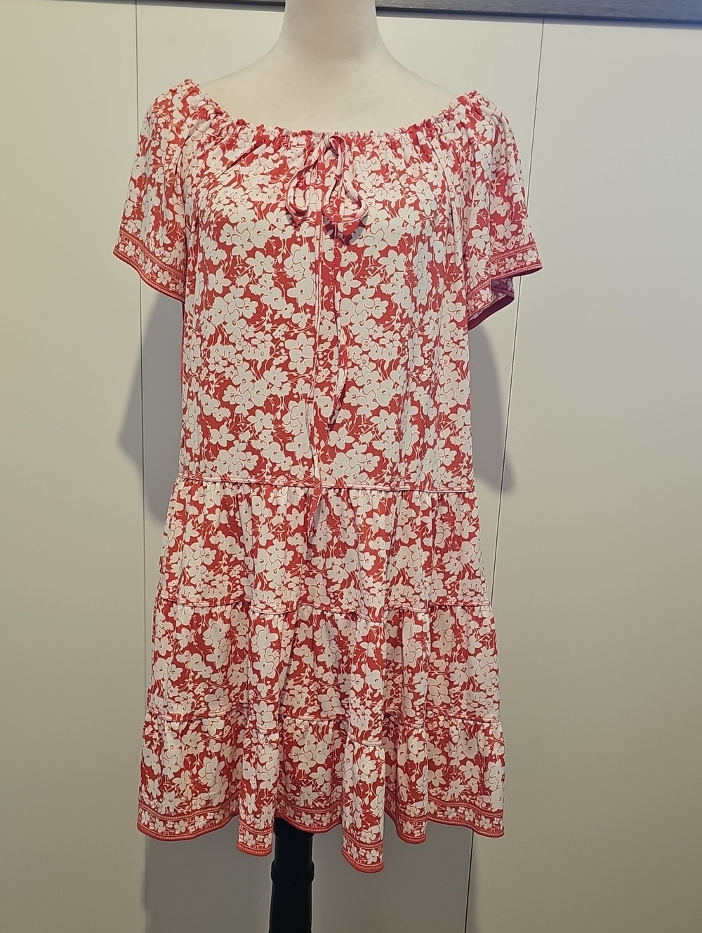 Max Studio Red & White Floral Off-Shoulder Tiered Mini Dress